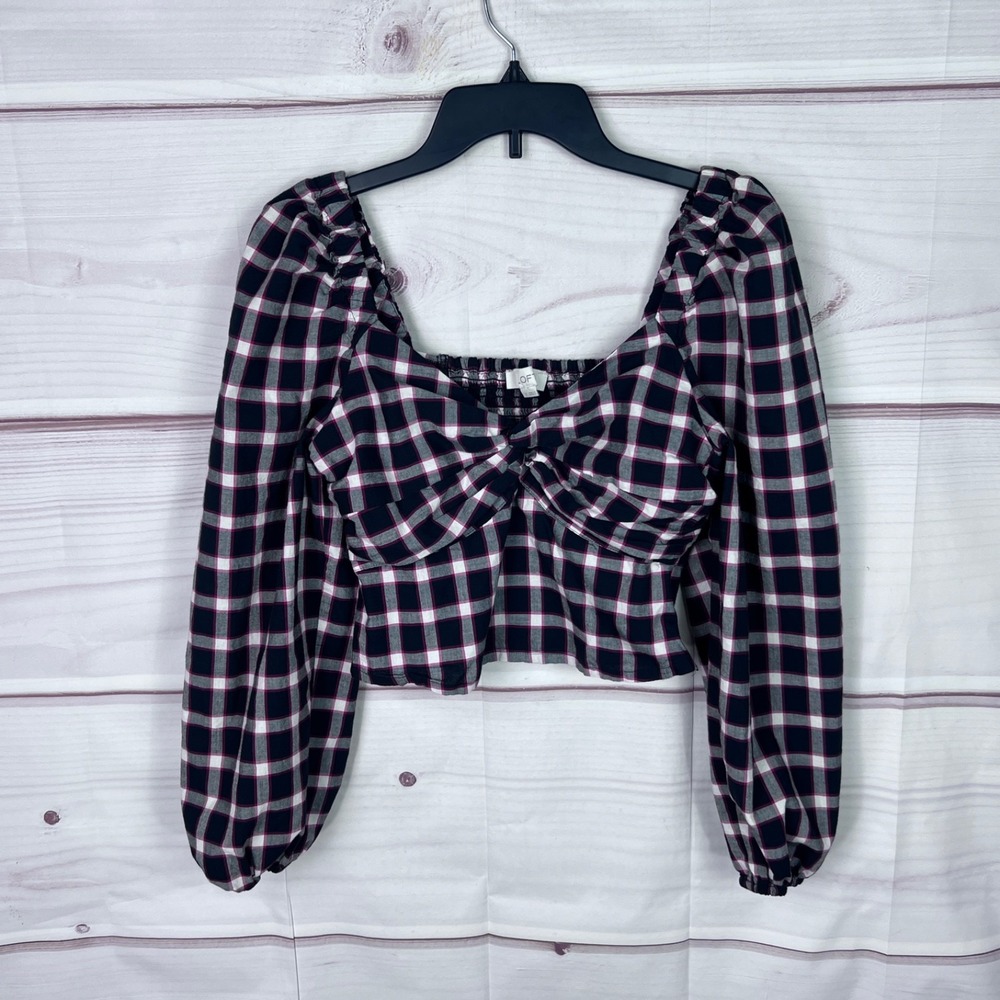 LOFT Top Women 2 Black Red Plaid Crop Blouse Puff Sleeve Smocked Sweetheart Neck